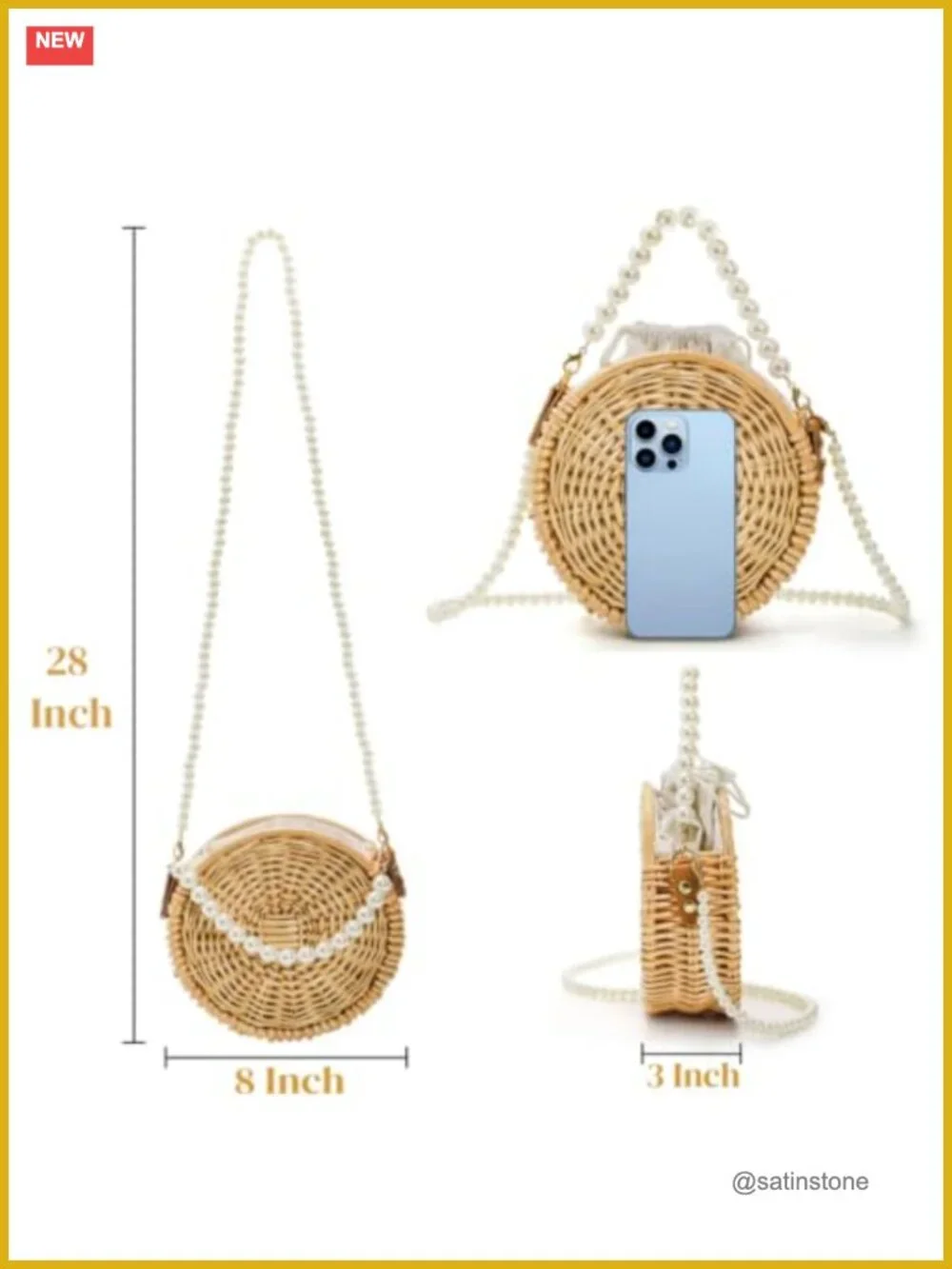 Round Rattan Bag Handwoven Wicker Basket Purse Pearl Strap Beach Straw Tote